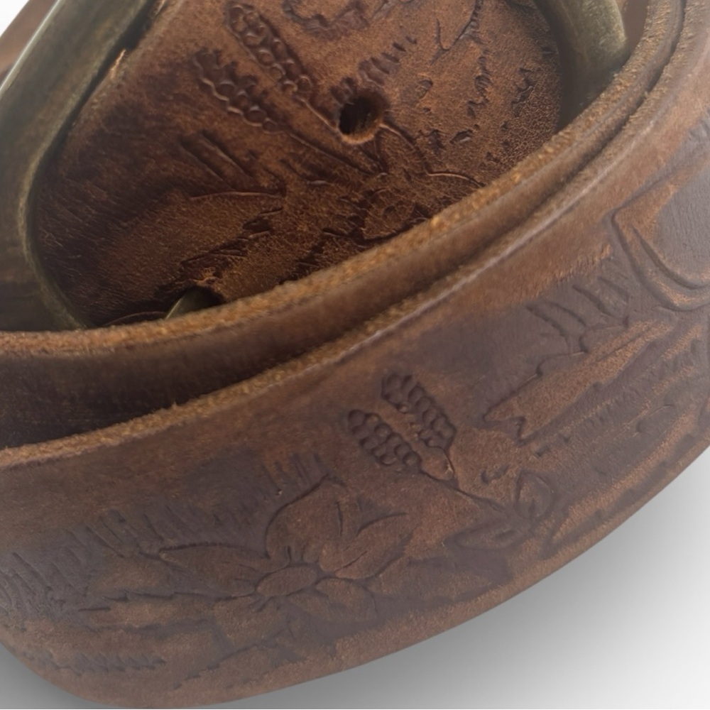Vintage A&F patina tooledfloral genuine Leather Belt Brass Buckle western L - Picture 9 of 16